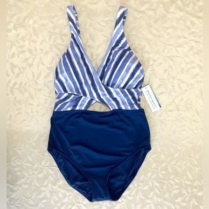 🆕 Beach Betty Womens Swimsuit One Piece Medium Blue White Striped Keyhole NWT